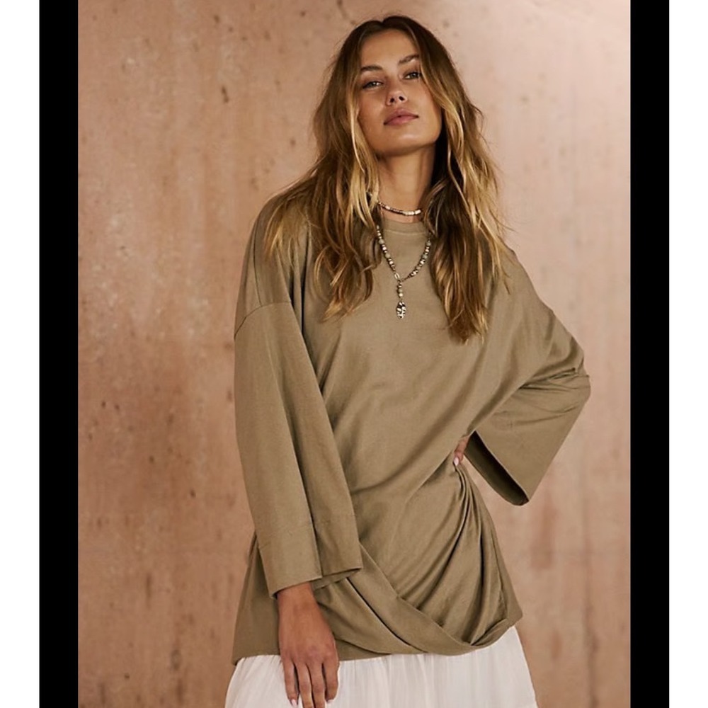 Free People Beach Tan Cotton‎ Long Sleeve Oversized T Shirt Top Women's S